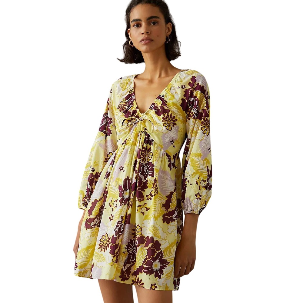 Anthropologie V-Neck Mini Dress Butter Yellow Floral Empire Waist XS
